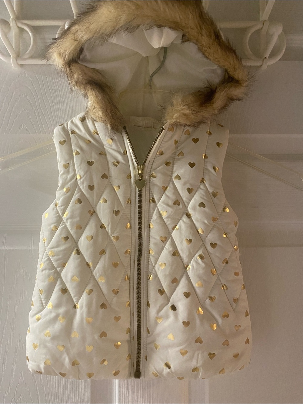Flapdoodles Ivory Quilted Hooded Vest with Gold Heart Accents